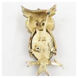 Art/Mode Art Brown & Green Enamel & Rhinestone Owl gold Tone Base Metal Brooch .