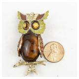 Art/Mode Art Brown & Green Enamel & Rhinestone Owl gold Tone Base Metal Brooch .
