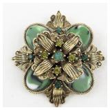 Green Rhinestone Flower Brooch Gold Tone Base Metal Brooch .