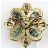 Green Rhinestone Flower Brooch Gold Tone Base Metal Brooch .