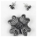 Flower Silver Tone Base Metal Brooch With Built In Earrings!!!.