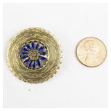 Blue Flower Circle Gold Tone Base Metal Brooch .