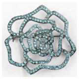 Turquoise Rhinestone Flower Silver Tone Base Metal Brooch .