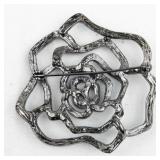 Turquoise Rhinestone Flower Silver Tone Base Metal Brooch .