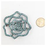 Turquoise Rhinestone Flower Silver Tone Base Metal Brooch .