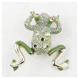 Green Frog Jumper Gold Tone Base Metal Brooch . Missing Some Gem Stones