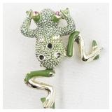 Green Frog Jumper Gold Tone Base Metal Brooch . Missing Some Gem Stones