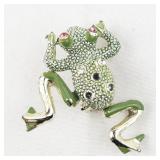 Green Frog Jumper Gold Tone Base Metal Brooch . Missing Some Gem Stones