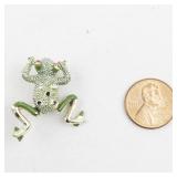 Green Frog Jumper Gold Tone Base Metal Brooch . Missing Some Gem Stones