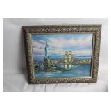 Framed Artwork Featuring Statue of Liberty with New York City Skyline