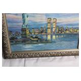 Framed Artwork Featuring Statue of Liberty with New York City Skyline