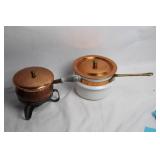 Set of Vintage Copper and Enamel Cookware with Decorative Silverware
