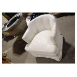 White Upholstered Barrel Chair with Tufted Back