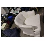 White Upholstered Barrel Chair with Tufted Back