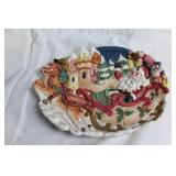 Vintage Ceramic Santa Sleigh Plate with Hand-Painted Christmas Scene