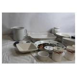 Mixed Set of Porcelain Kitchenware including Plates, Bowls, and Mugs