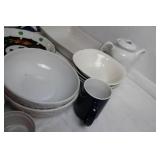 Mixed Set of Porcelain Kitchenware including Plates, Bowls, and Mugs