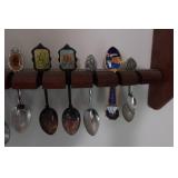 Vintage Travel Souvenir Collectible Spoons with Display Shelf