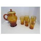 Amber glass pitcher and glasses, ca...