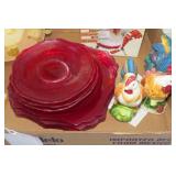 Rooster items with red dishes...
