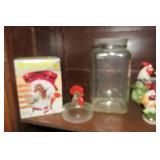 Decorative rooster items (top shelf...