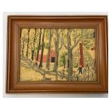 Vintage Grandma Moses Framed Barkcloth "The Red Barn" Print Framed 6 5/8 x 8 5/8