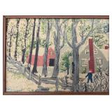 Vintage Grandma Moses Framed Barkcloth "The Red Barn" Print Framed 6 5/8 x 8 5/8