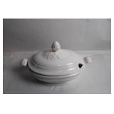 Antique White Porcelain Tureen with Lid and Ornate Handles