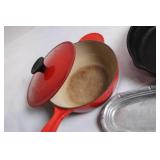 Set of Cast Iron Skillet, Enamel Covered Pot, and Glass Cooking Trays