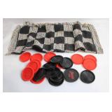 Set of Red and Black Checkers with Woven Game Board