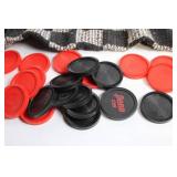 Set of Red and Black Checkers with Woven Game Board