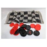 Set of Red and Black Checkers with Woven Game Board