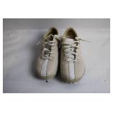 Used Nike Athletic Cleats in Beige with White Stripes, Size 8.5
