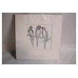 Framed Sketch of Three Parrots in Black and White