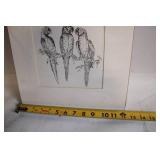 Framed Sketch of Three Parrots in Black and White