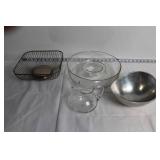 Metal Wire Fruit Basket, Glass Chip and Dip Bowl, Silver Bowl, Glass Pitcher Set