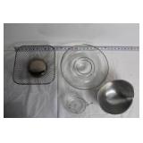 Metal Wire Fruit Basket, Glass Chip and Dip Bowl, Silver Bowl, Glass Pitcher Set