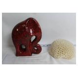 Handcrafted Red Elephant Ceramic Sculpture and Coral-Inspired Decor