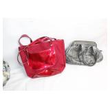 Set of 2 Handbags - Red Satin with Patent Trim and Silver Leather