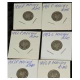 6 - Mercury Dimes | 1934-P, 1941-P, 1942-P, 1942-S, 1943-P, and 1945-P.