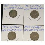 4 - Silver New Zealand Six Pence - 1945,1951,1952 & 1958