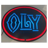 Vintage OLY Beer Neon Sign with Red and Blue Lighting