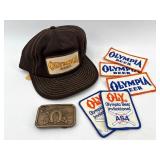 Vintage Olympia Beer Cap, Belt Buckle, and Patch Collection