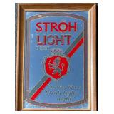 Vintage Stroh Light Beer Mirror Sign with Wooden Frame