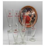 Set of 6 Budweiser Pilsner Beer Glasses and 1971 Budweiser Girl Tin Tray