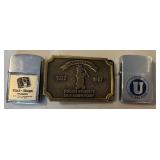 Collection of 2 Vintage Zippo Lighters and Ambassador Hot Dog Belt Buckle