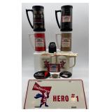 Budweiser Collectible Set with Mugs, Buttons, and Hero #1 Plate