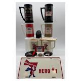 Budweiser Collectible Set with Mugs, Buttons, and Hero #1 Plate