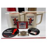 Budweiser Collectible Set with Mugs, Buttons, and Hero #1 Plate