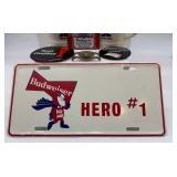 Budweiser Collectible Set with Mugs, Buttons, and Hero #1 Plate